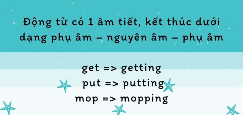 Nhân đôi phụ âm cuối rồi sau đó thêm -ing
